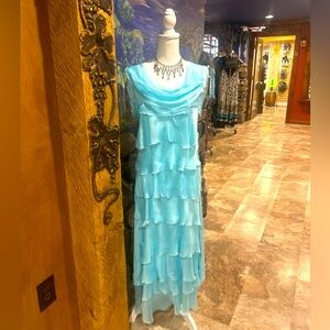 NWT Made in Italy Washable Silk Turquoise Ruffle Maxi Dress OS